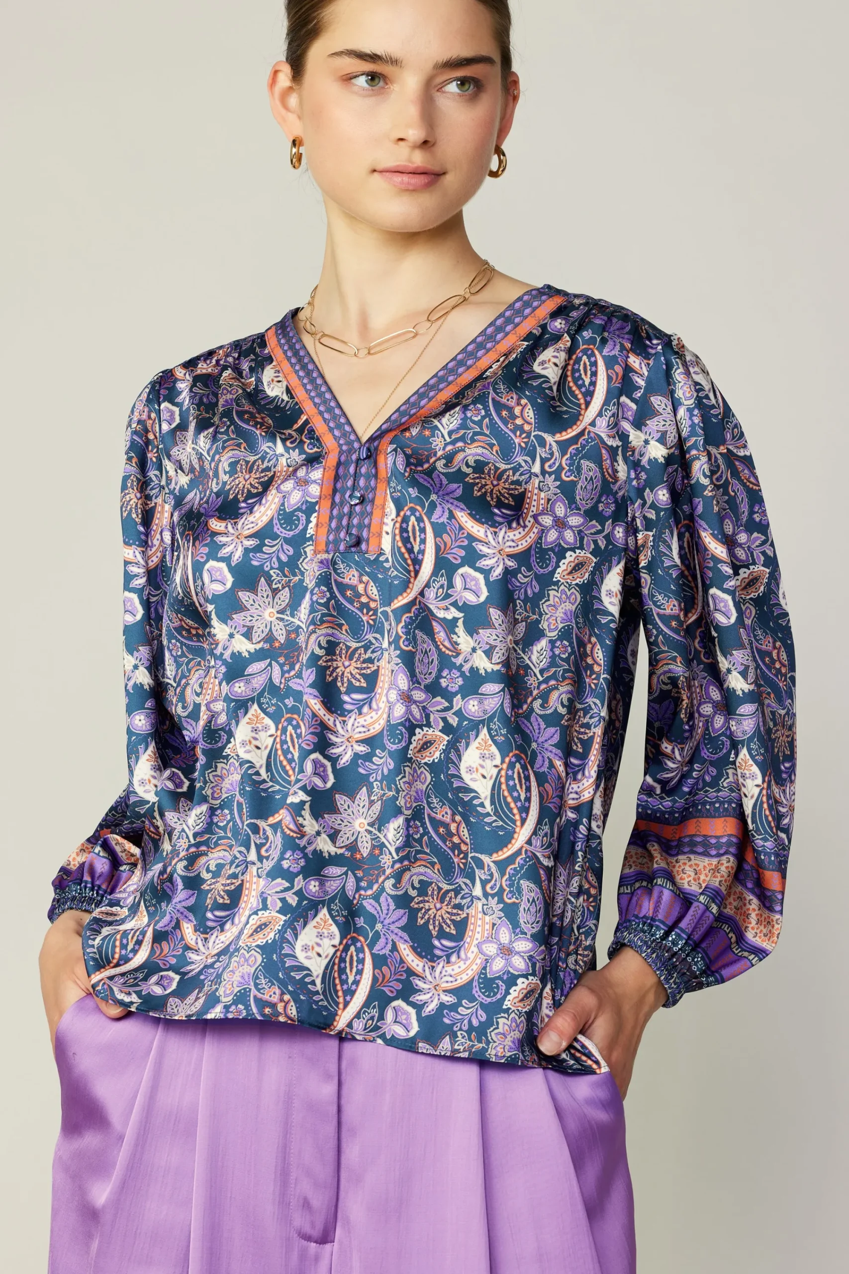 Current Air Long Sleeve Tops-Border Print Paisley Top INDIGOFLORALMLT