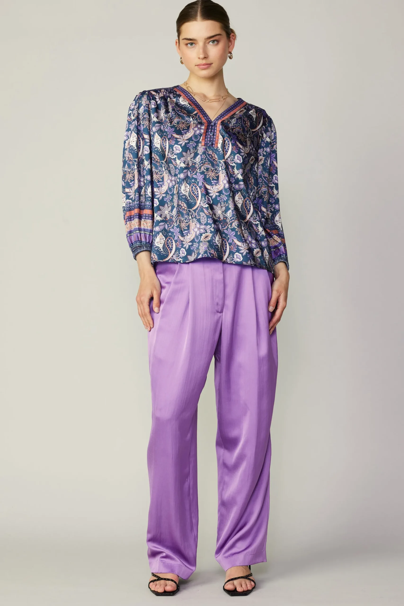 Current Air Long Sleeve Tops-Border Print Paisley Top INDIGOFLORALMLT