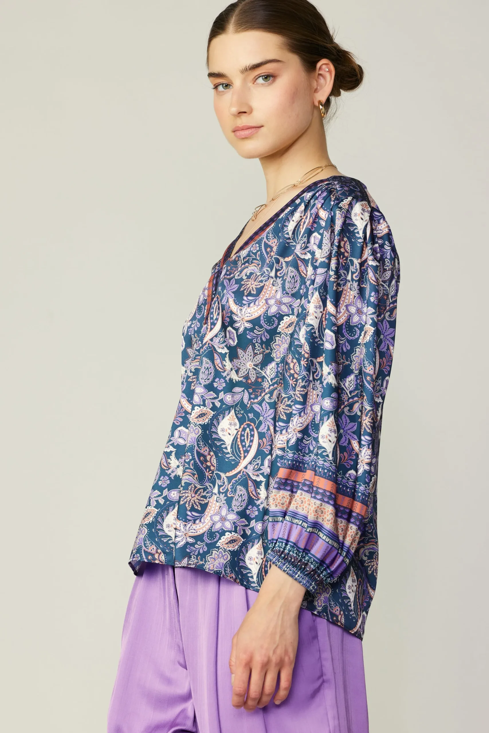 Current Air Long Sleeve Tops-Border Print Paisley Top INDIGOFLORALMLT