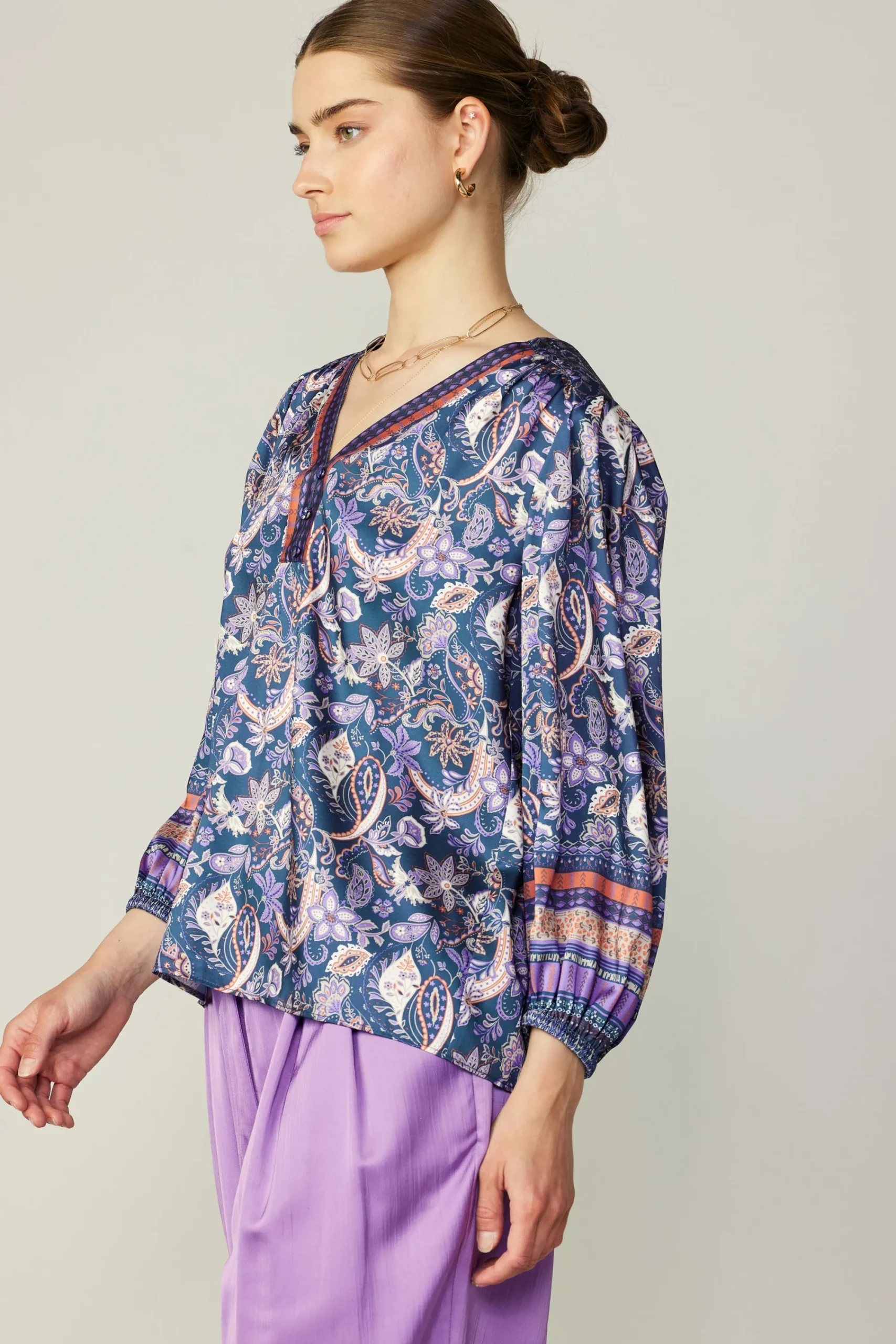 Current Air Long Sleeve Tops-Border Print Paisley Top INDIGOFLORALMLT