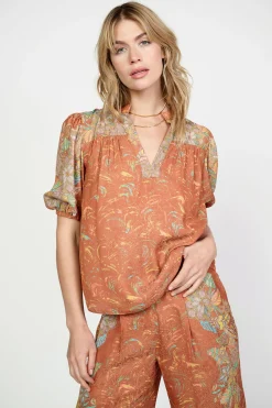 Current Air Short Sleeve Tops-Border Print Retro Floral Blouse BROWNMLT