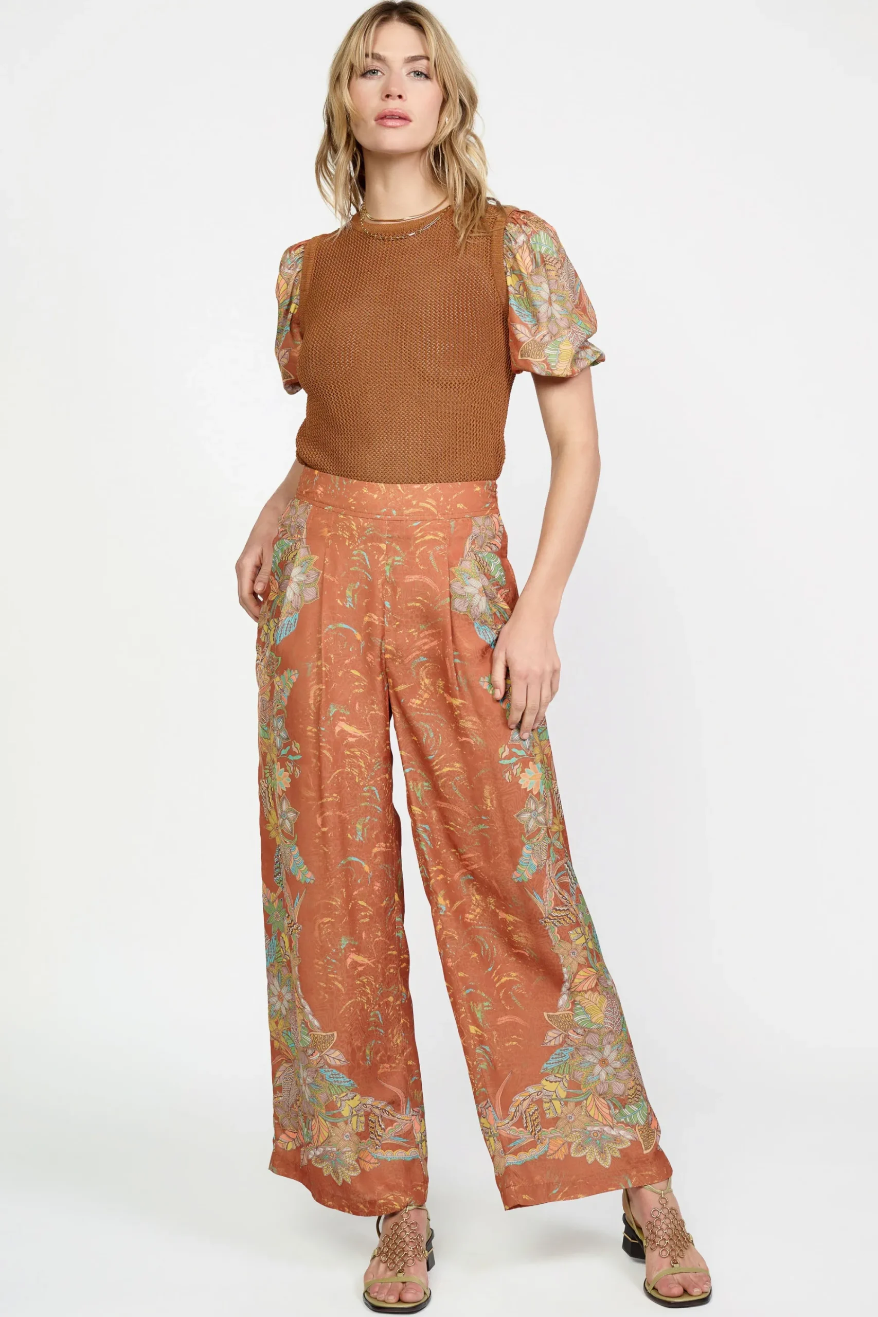 Current Air Pants-Border Print Retro Floral Pants BROWN
