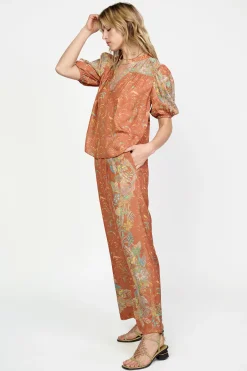 Current Air Short Sleeve Tops-Border Print Retro Floral Blouse BROWNMLT