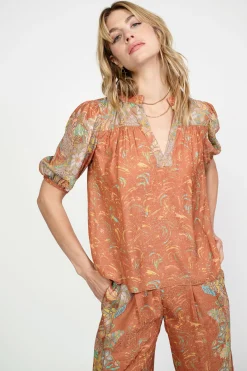 Current Air Short Sleeve Tops-Border Print Retro Floral Blouse BROWNMLT