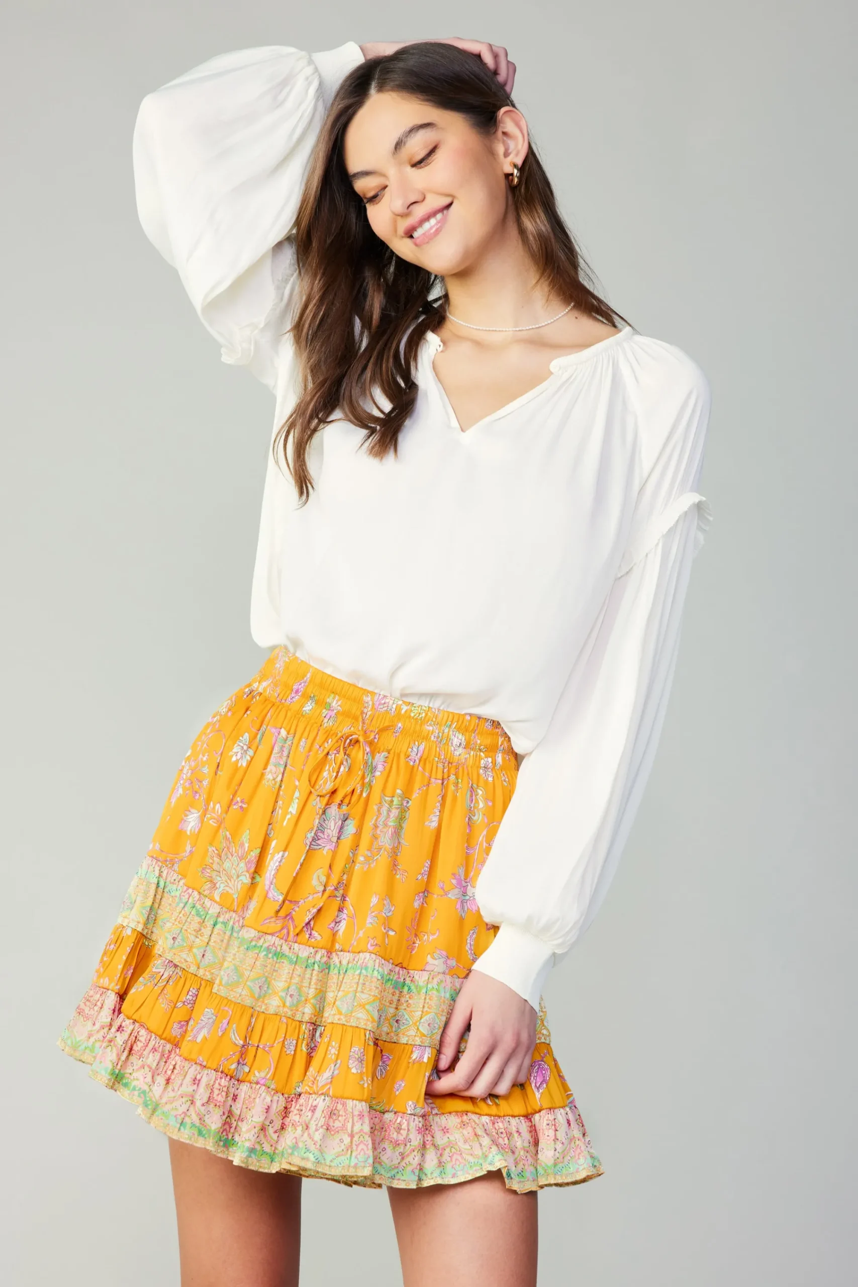 Current Air Skirts-Border Print Tiered Mini Skirt YELLOWMLT