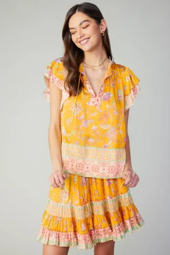 Current Air Skirts-Border Print Tiered Mini Skirt YELLOWMLT