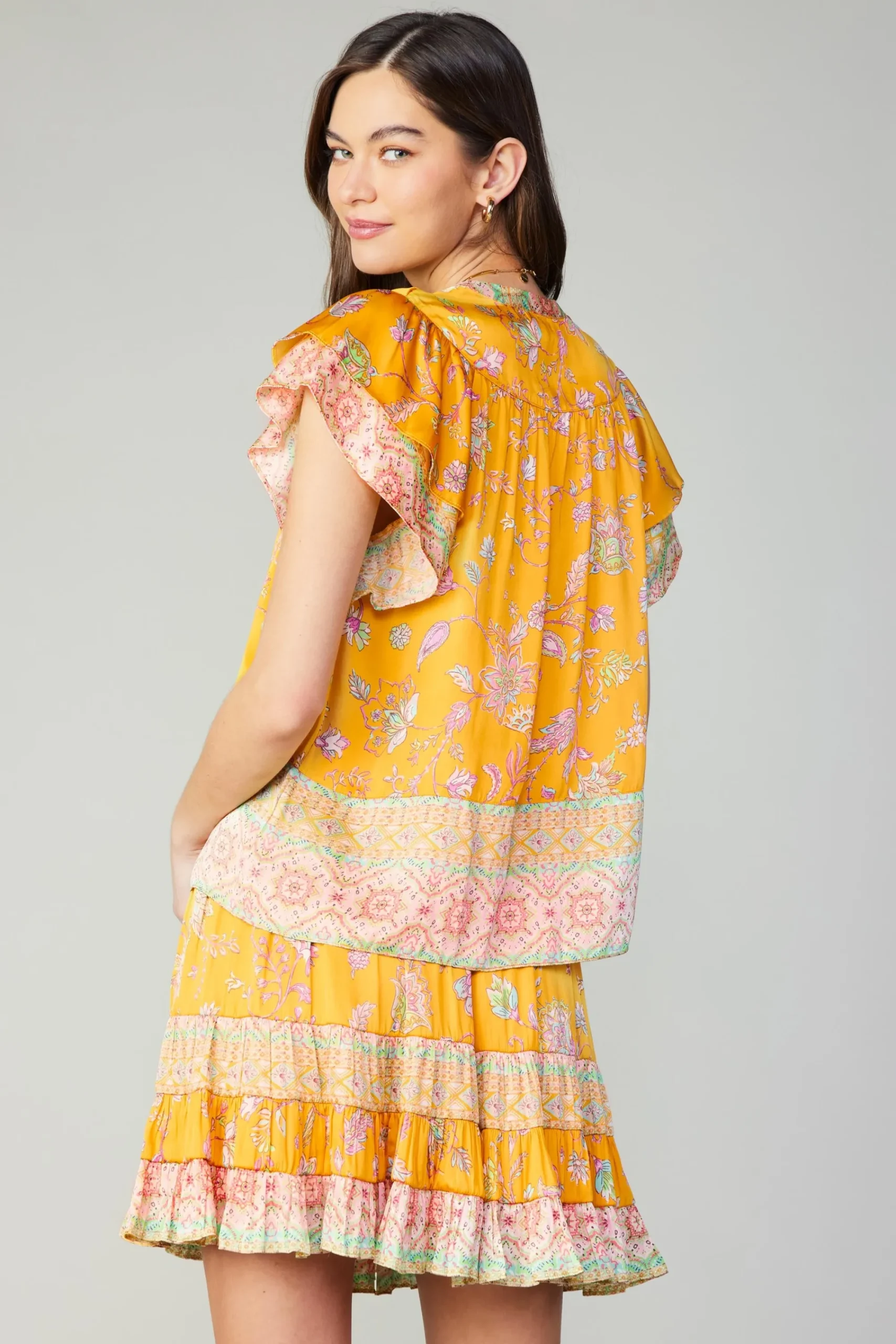 Current Air Skirts-Border Print Tiered Mini Skirt YELLOWMLT
