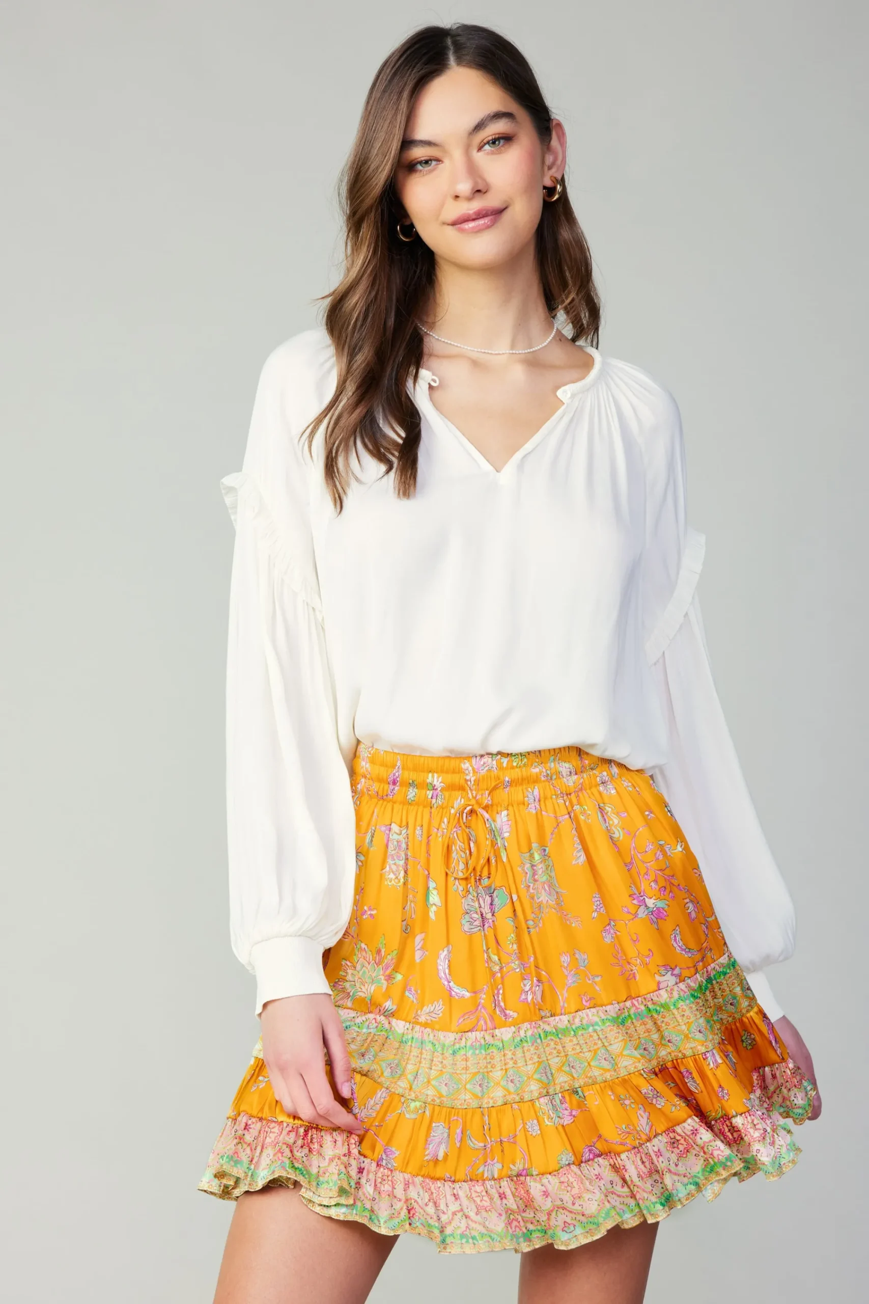 Current Air Skirts-Border Print Tiered Mini Skirt YELLOWMLT