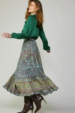 Current Air Skirts-Border Printed Floral Skirt TEALBROWN