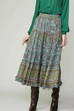 Current Air Skirts-Border Printed Floral Skirt TEALBROWN