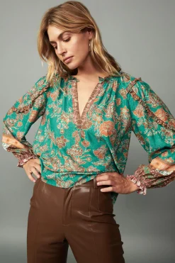 Current Air Long Sleeve Tops-Border Ruffled Floral Blouse GREENMLT