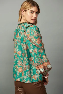 Current Air Long Sleeve Tops-Border Ruffled Floral Blouse GREENMLT