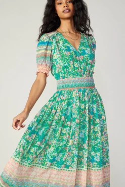Current Air Midi Dresses-Bordered Floral Print Midi Dress GREENMULTI