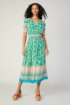 Current Air Midi Dresses-Bordered Floral Print Midi Dress GREENMULTI