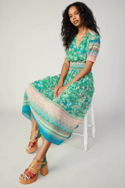 Current Air Midi Dresses-Bordered Floral Print Midi Dress GREENMULTI