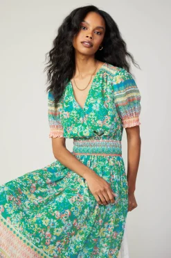 Current Air Midi Dresses-Bordered Floral Print Midi Dress GREENMULTI