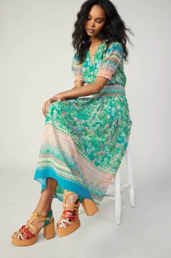 Current Air Midi Dresses-Bordered Floral Print Midi Dress GREENMULTI