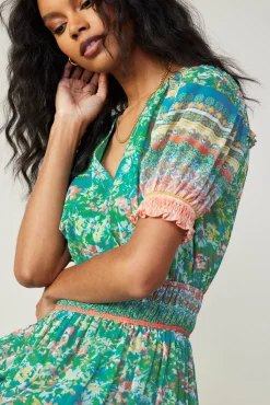 Current Air Midi Dresses-Bordered Floral Print Midi Dress GREENMULTI