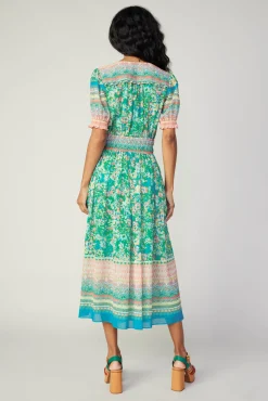Current Air Midi Dresses-Bordered Floral Print Midi Dress GREENMULTI
