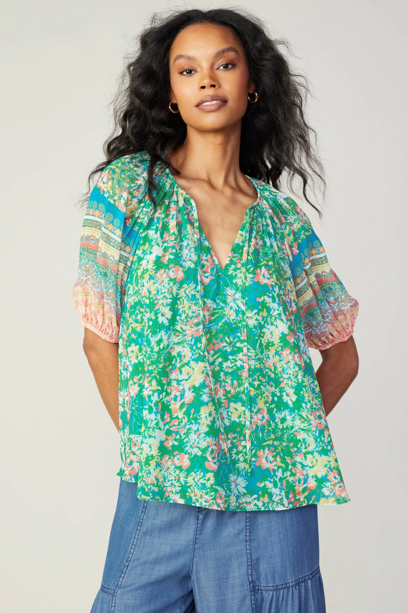 Current Air Short Sleeve Tops-Bordered Floral Print Top GREENMULTI