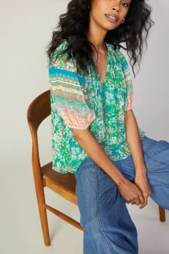 Current Air Short Sleeve Tops-Bordered Floral Print Top GREENMULTI