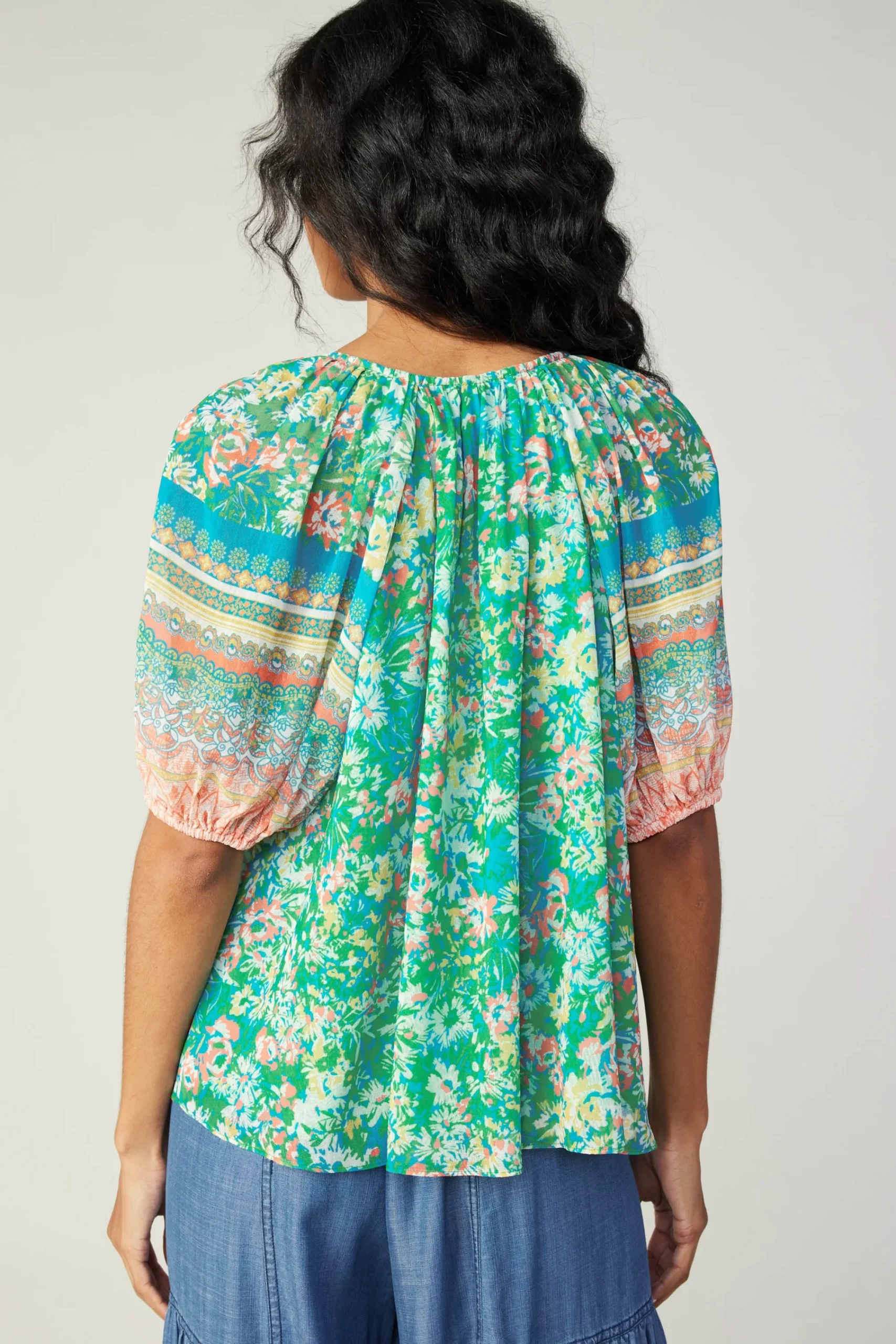 Current Air Short Sleeve Tops-Bordered Floral Print Top GREENMULTI