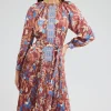 Current Air Midi Dresses-Botanical High Neck Dress CHESTNUTMLT