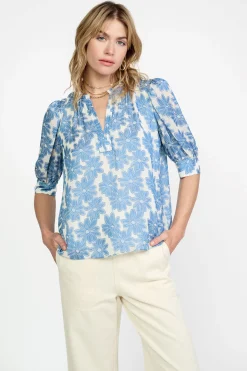 Current Air Short Sleeve Tops-Botanical Jacquard Blouse DENIMBLUE