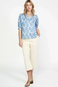Current Air Short Sleeve Tops-Botanical Jacquard Blouse DENIMBLUE