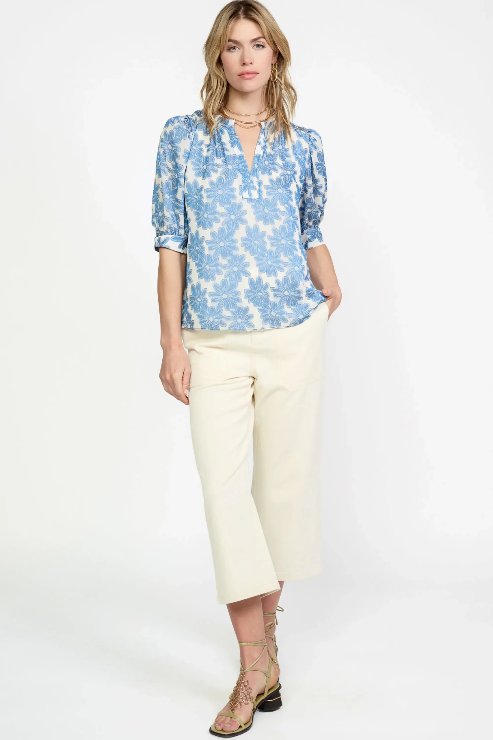 Current Air Short Sleeve Tops-Botanical Jacquard Blouse DENIMBLUE