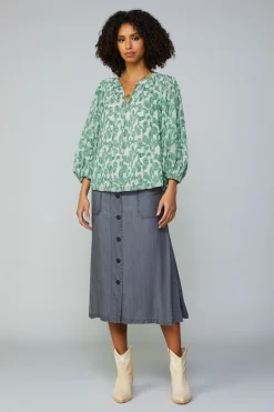 Current Air Long Sleeve Tops-Botanical Jacquard Raglan Blouse GREEN