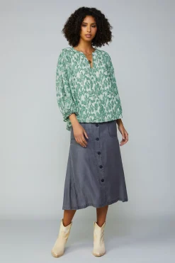 Current Air Long Sleeve Tops-Botanical Jacquard Raglan Blouse GREEN