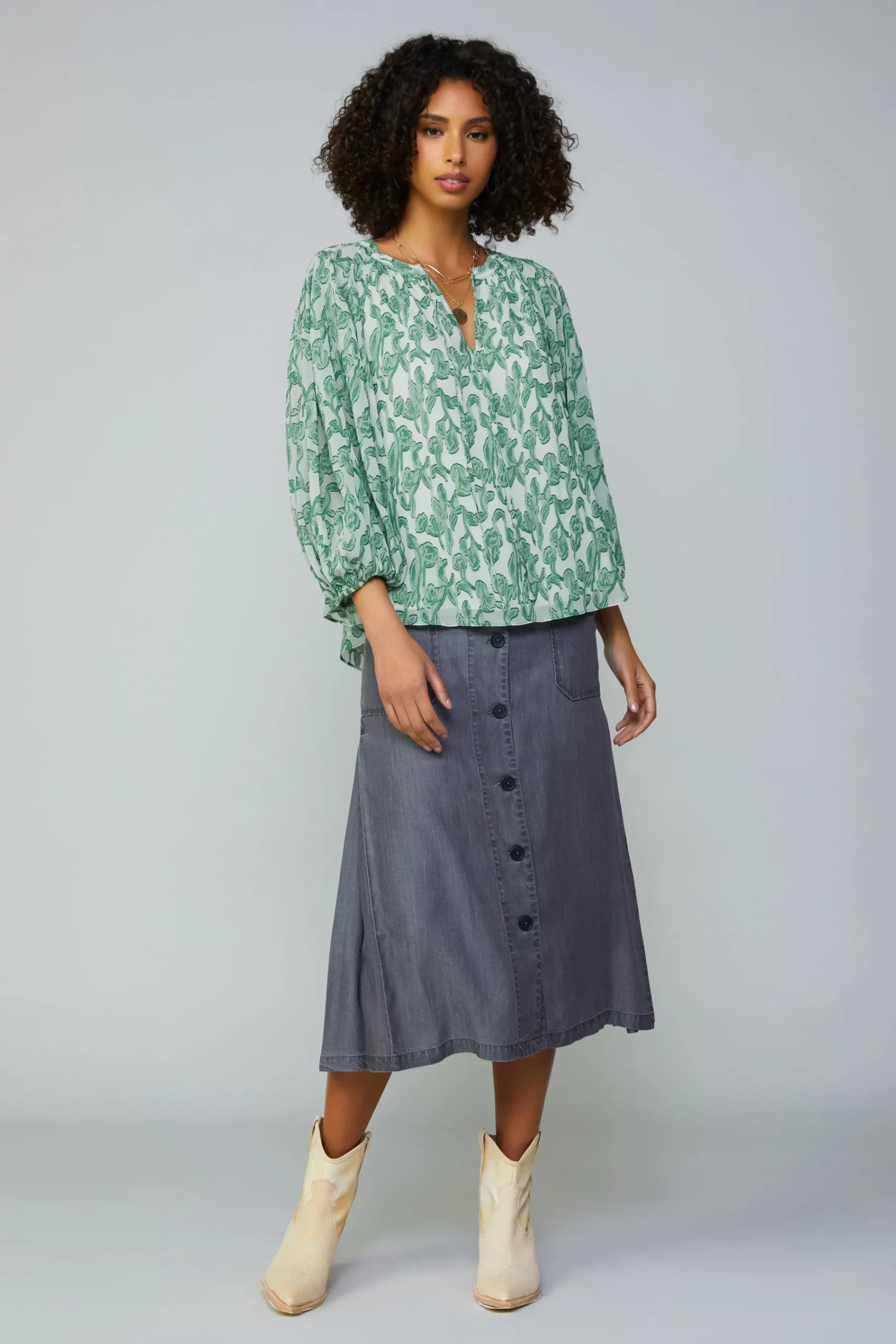 Current Air Long Sleeve Tops-Botanical Jacquard Raglan Blouse GREEN
