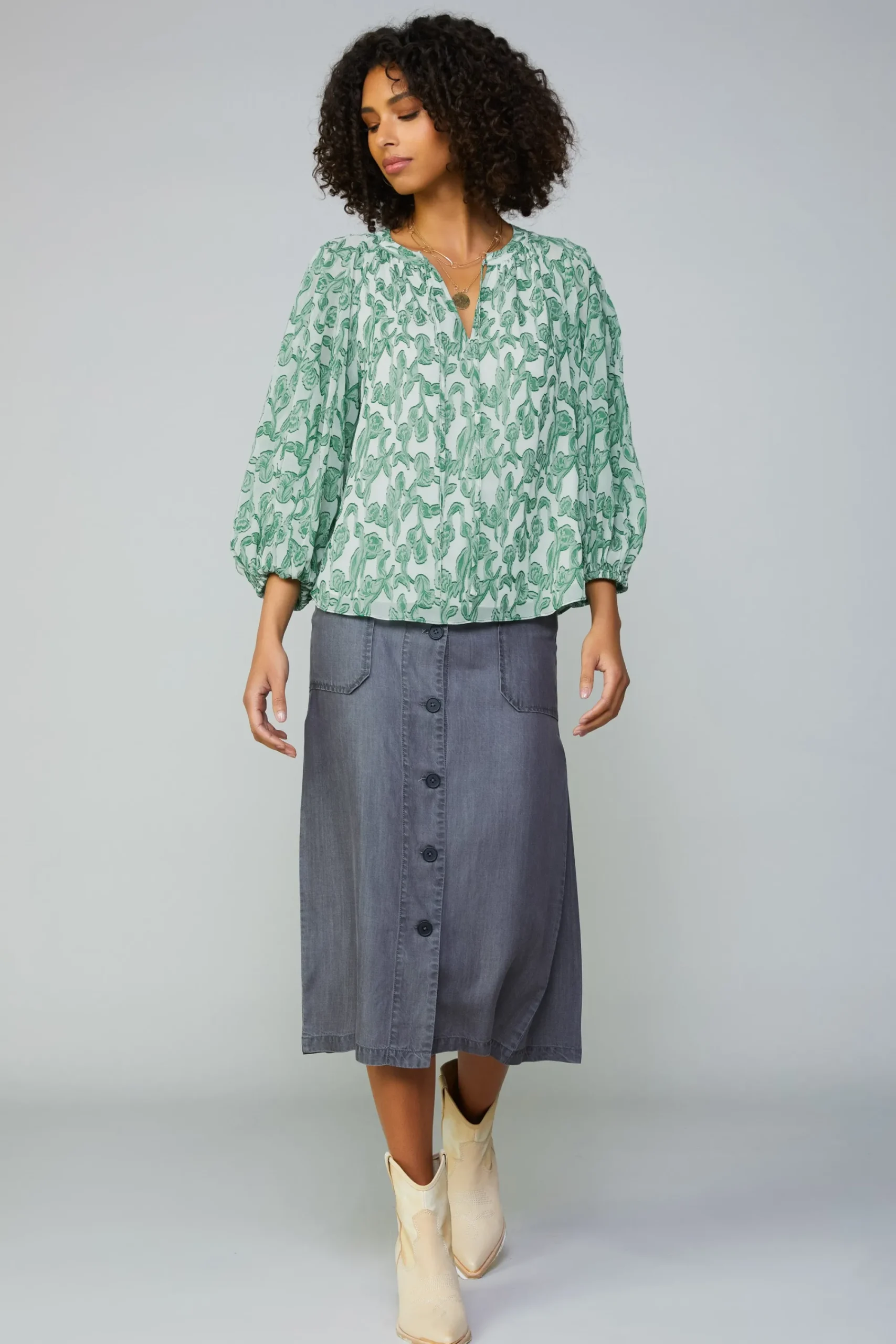 Current Air Long Sleeve Tops-Botanical Jacquard Raglan Blouse GREEN