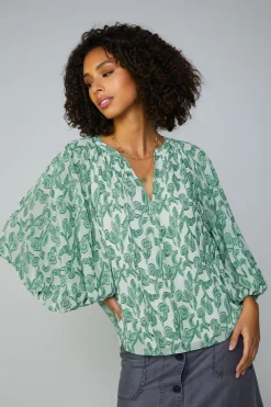 Current Air Long Sleeve Tops-Botanical Jacquard Raglan Blouse GREEN