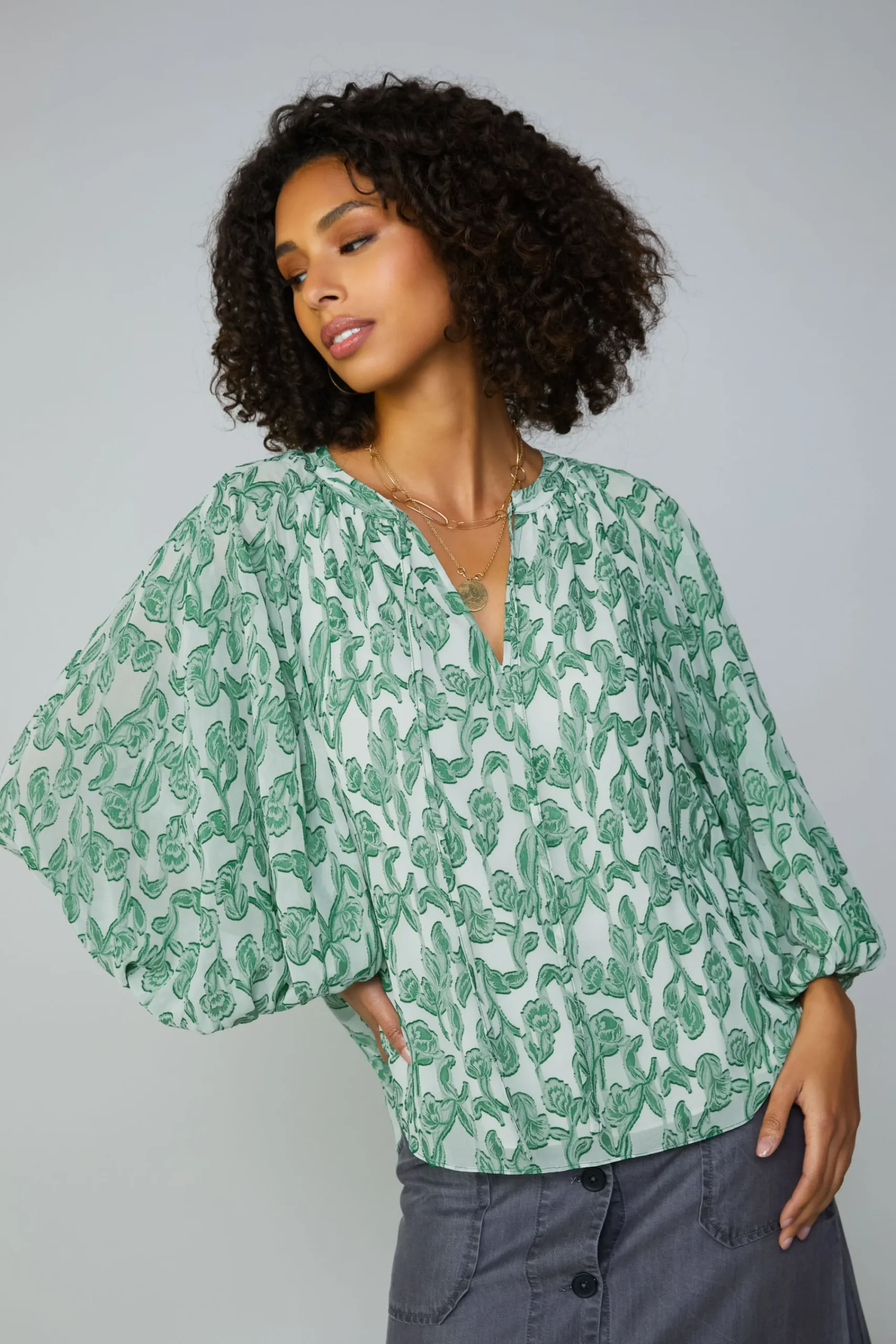 Current Air Long Sleeve Tops-Botanical Jacquard Raglan Blouse GREEN