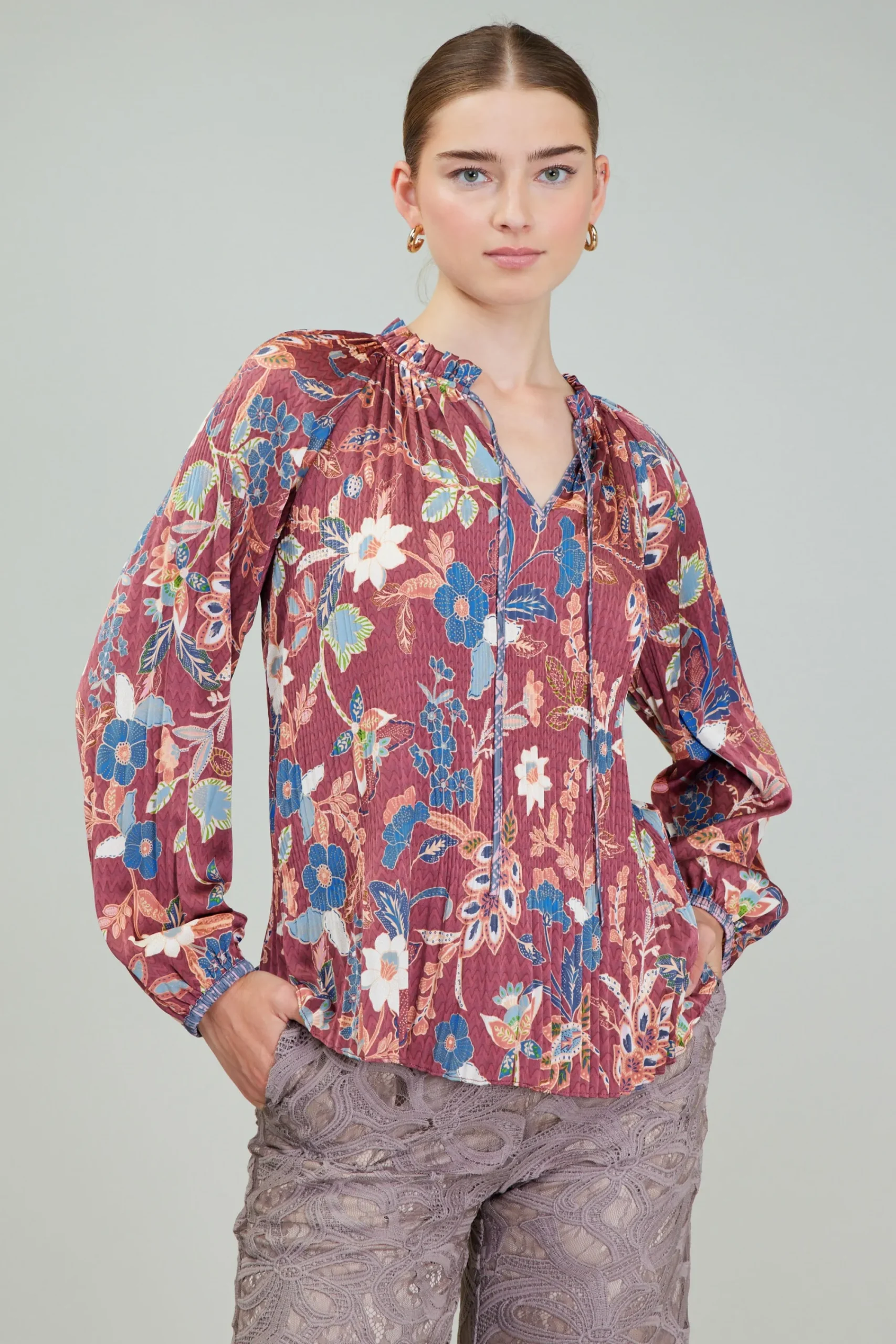 Current Air Long Sleeve Tops-Botanical Pleated Blouse CHESTNUTMLT