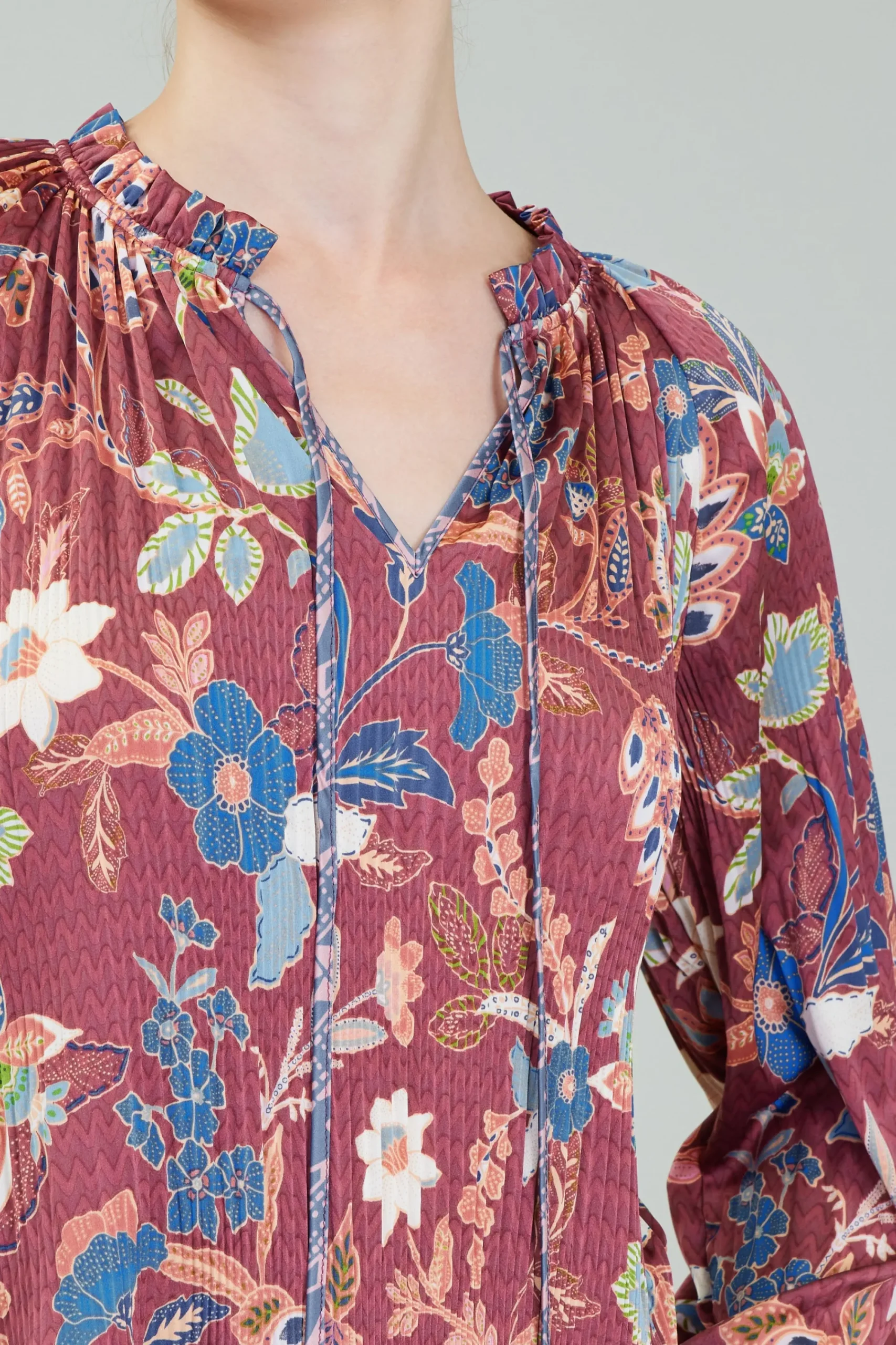 Current Air Long Sleeve Tops-Botanical Pleated Blouse CHESTNUTMLT