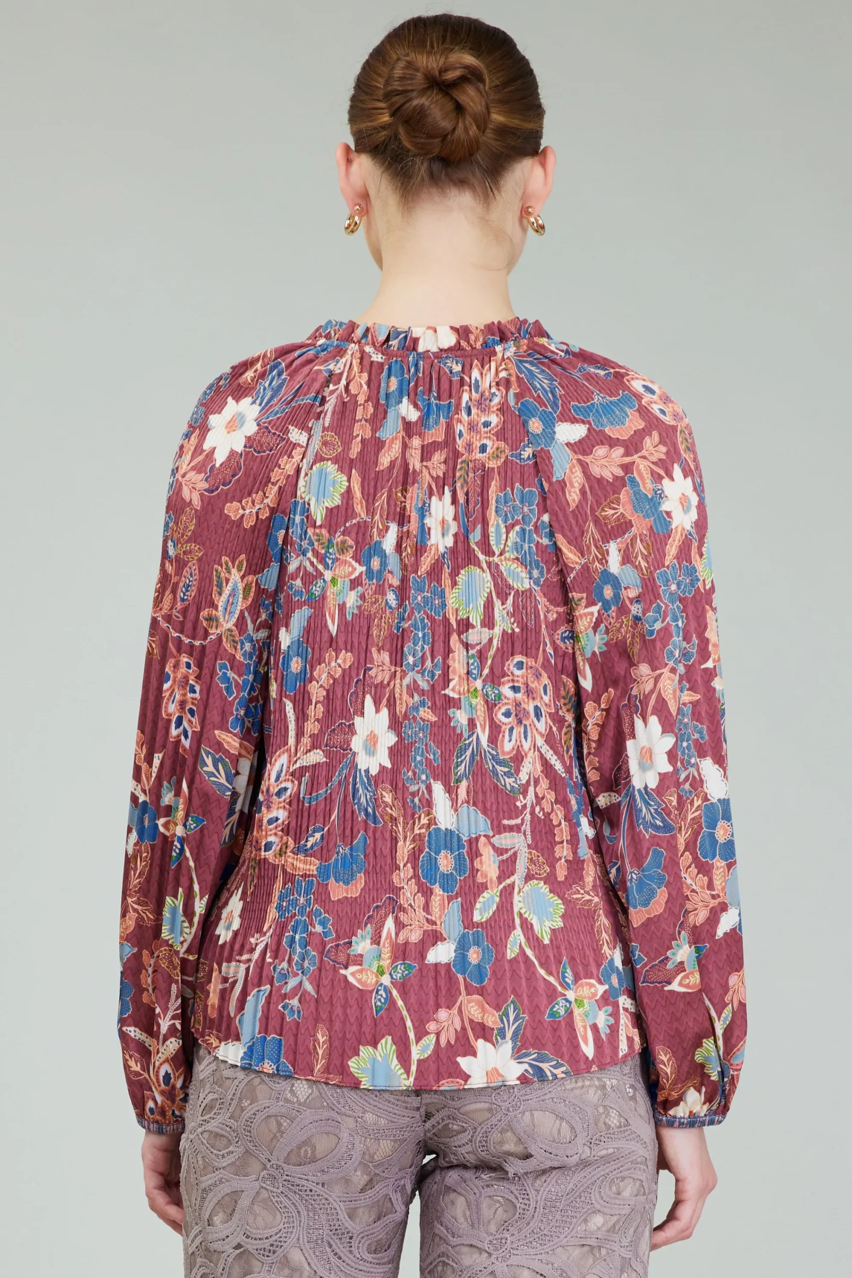 Current Air Long Sleeve Tops-Botanical Pleated Blouse CHESTNUTMLT