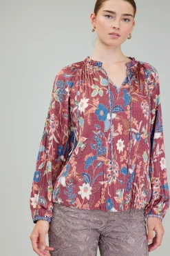 Current Air Long Sleeve Tops-Botanical Pleated Blouse CHESTNUTMLT