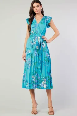 Current Air Short Sleeve Tops | Midi Dresses-Botanical Pleated Midi Dress BLUE
