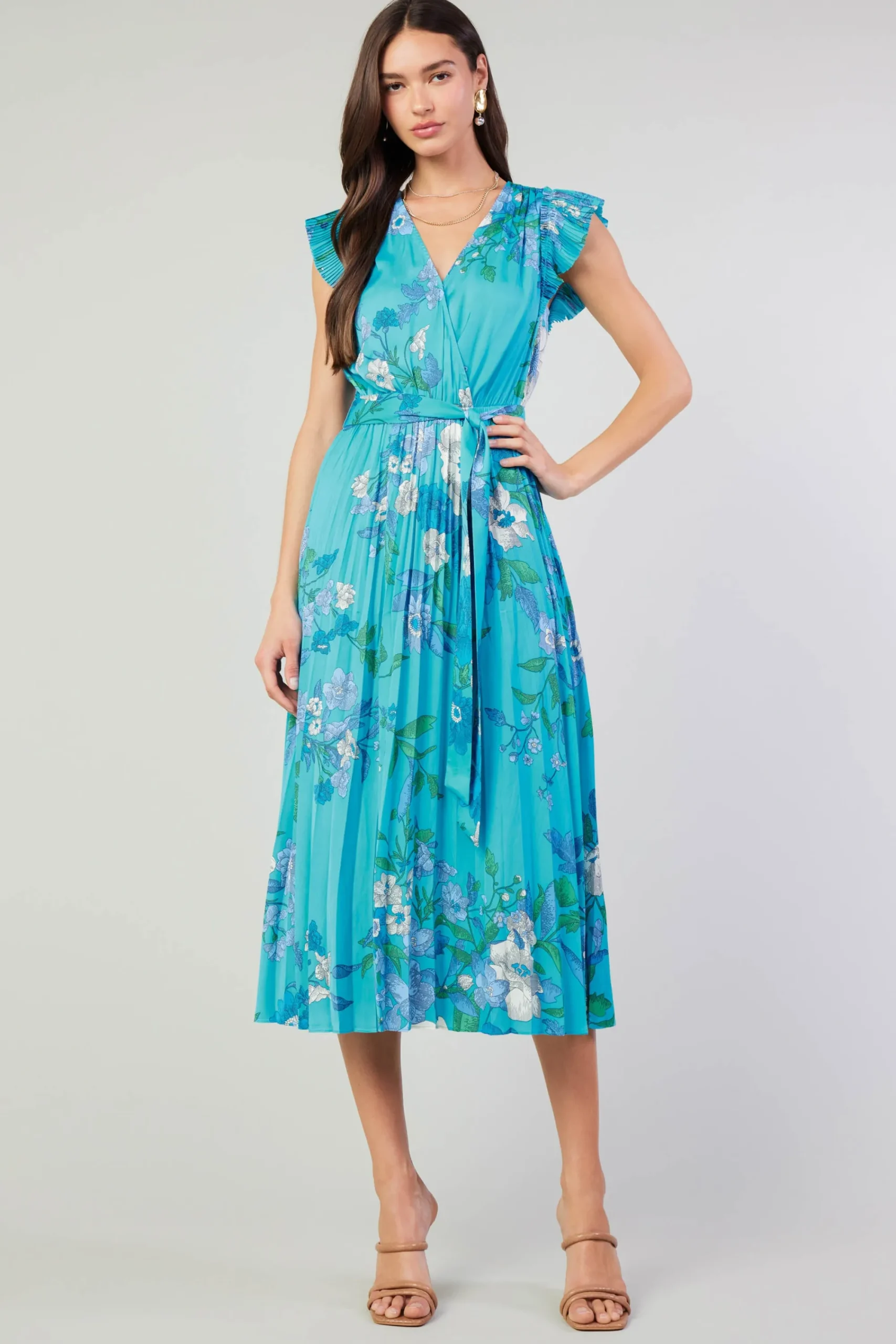 Current Air Short Sleeve Tops | Midi Dresses-Botanical Pleated Midi Dress BLUE