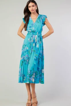 Current Air Short Sleeve Tops | Midi Dresses-Botanical Pleated Midi Dress BLUE