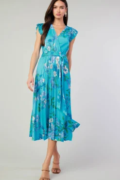 Current Air Short Sleeve Tops | Midi Dresses-Botanical Pleated Midi Dress BLUE
