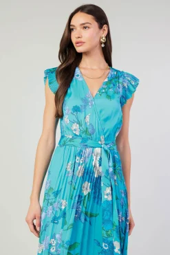 Current Air Short Sleeve Tops | Midi Dresses-Botanical Pleated Midi Dress BLUE