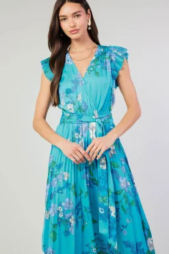 Current Air Short Sleeve Tops | Midi Dresses-Botanical Pleated Midi Dress BLUE