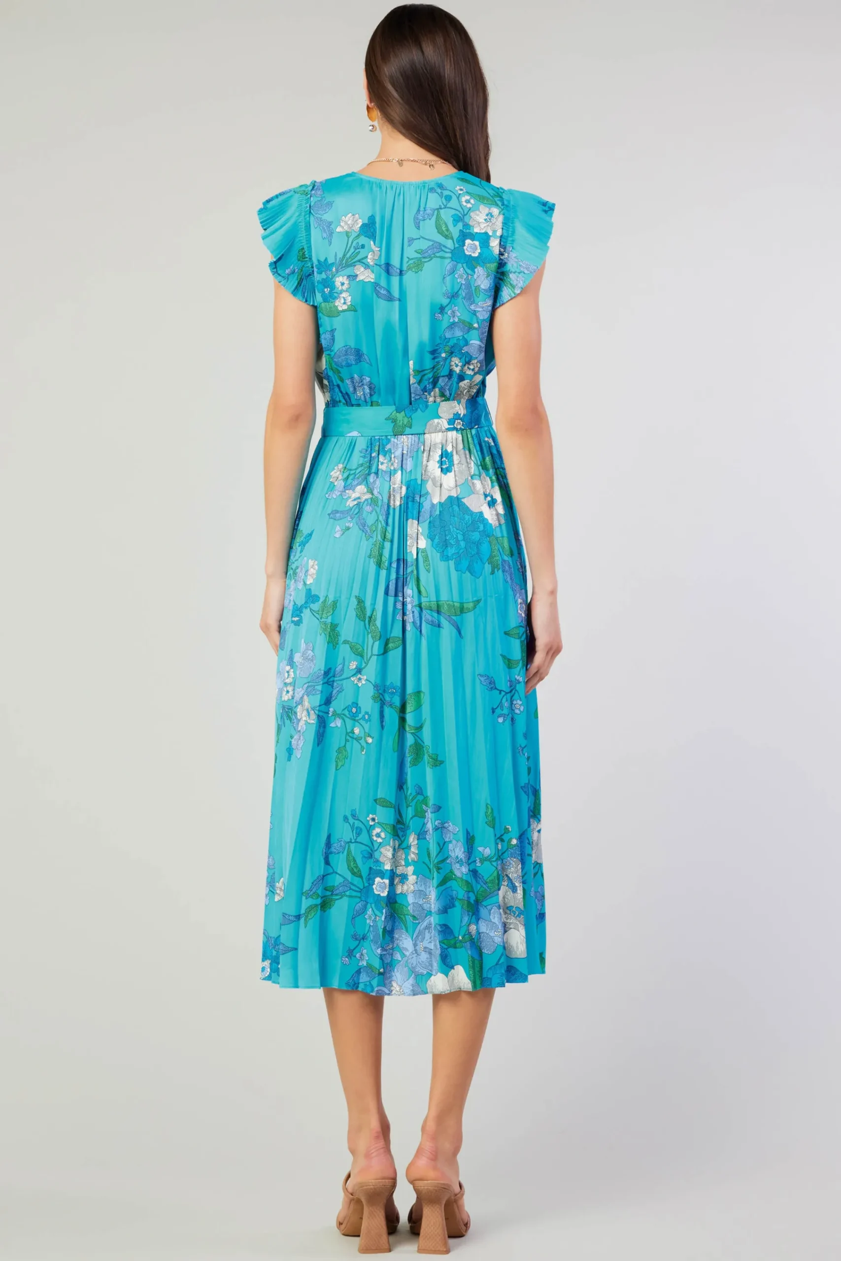Current Air Short Sleeve Tops | Midi Dresses-Botanical Pleated Midi Dress BLUE
