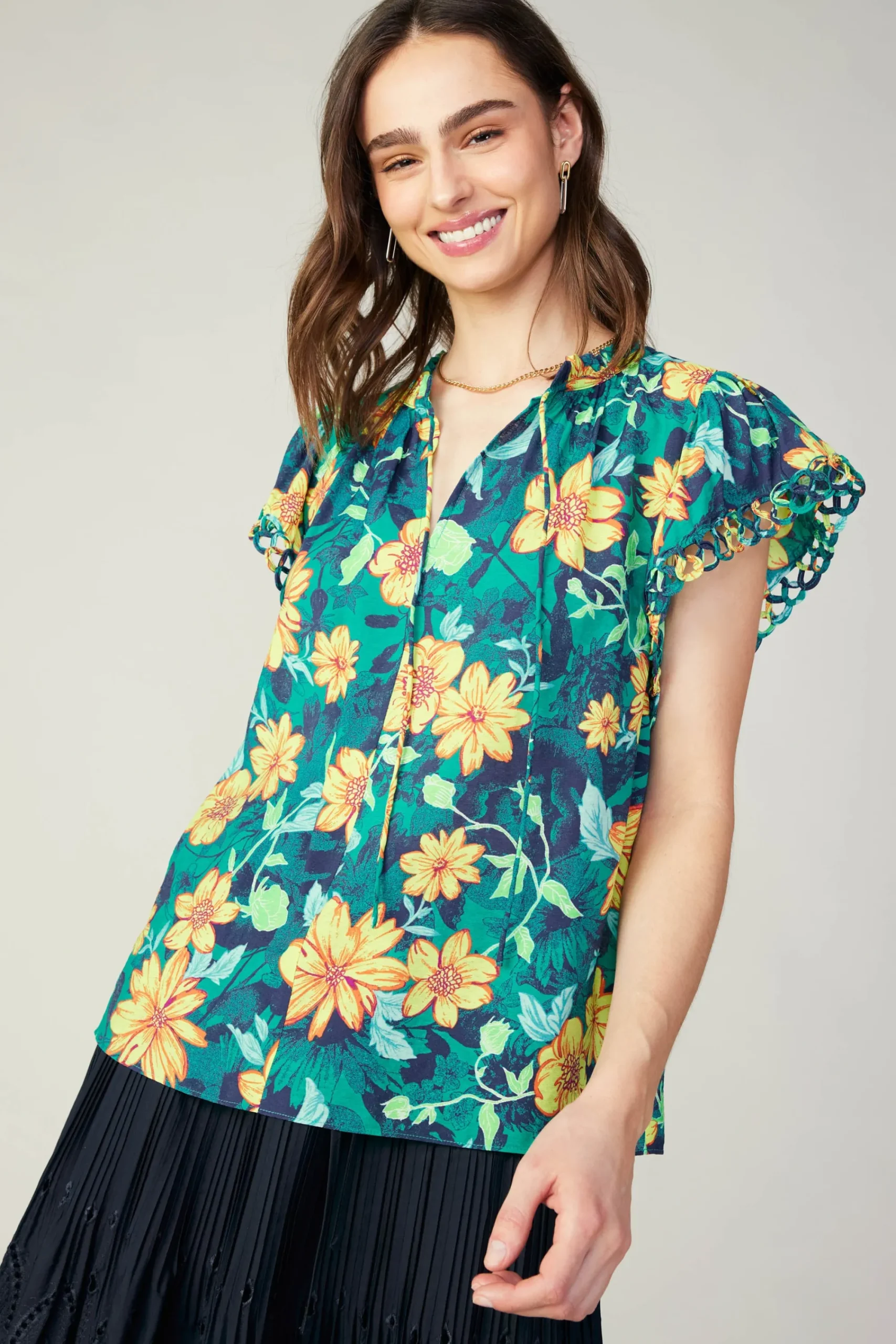Current Air Sleeveless Tops-Botanical Print Eyelet Blouse YELLOWFLORALMLT