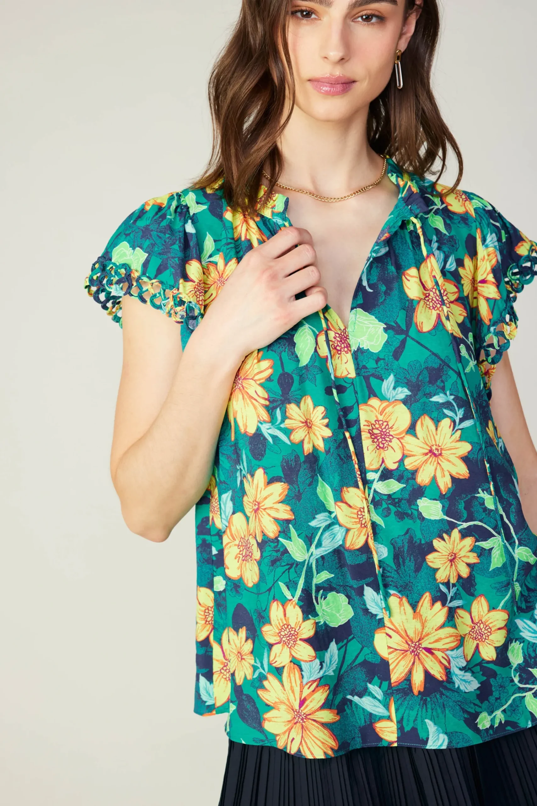 Current Air Sleeveless Tops-Botanical Print Eyelet Blouse YELLOWFLORALMLT