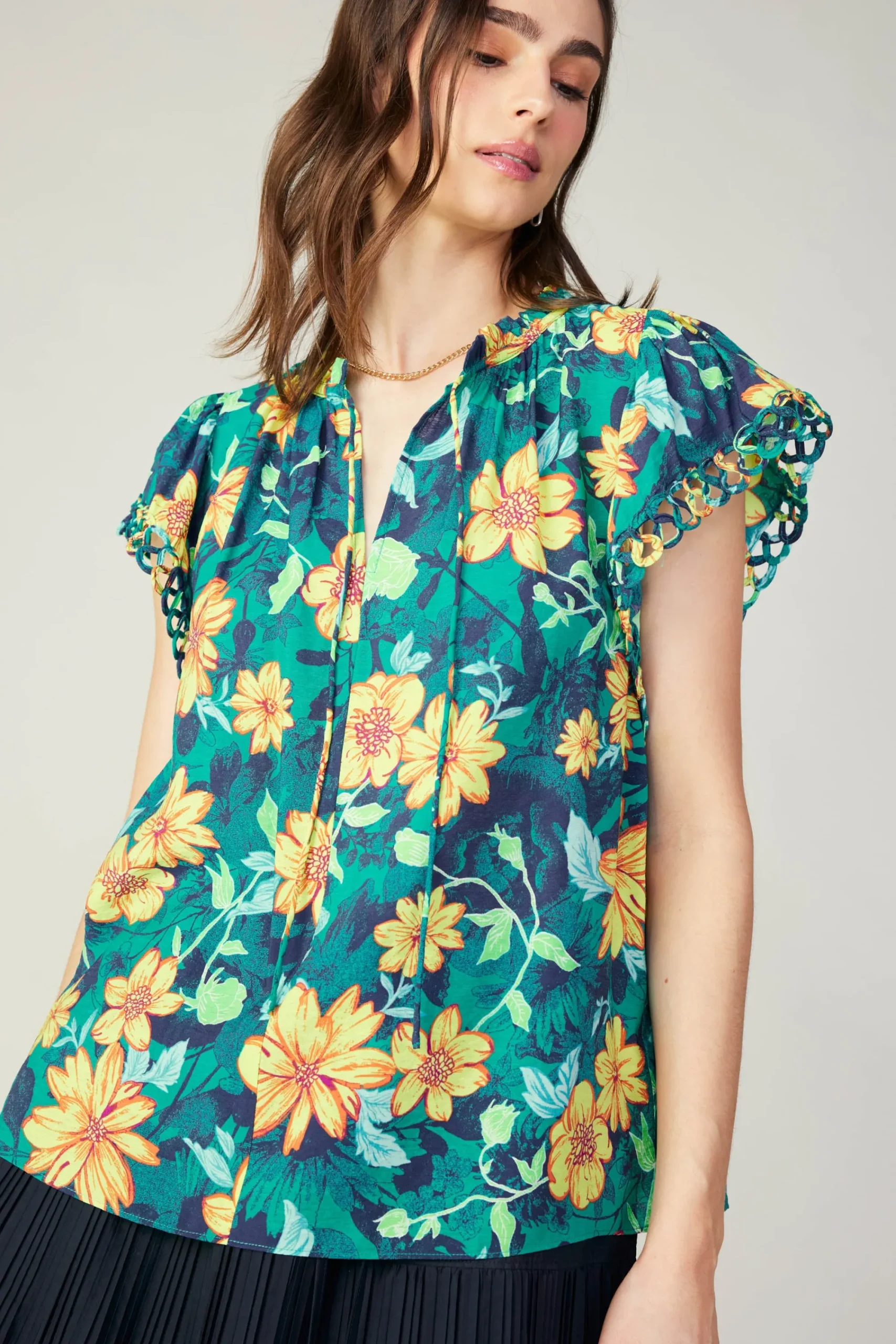 Current Air Sleeveless Tops-Botanical Print Eyelet Blouse YELLOWFLORALMLT